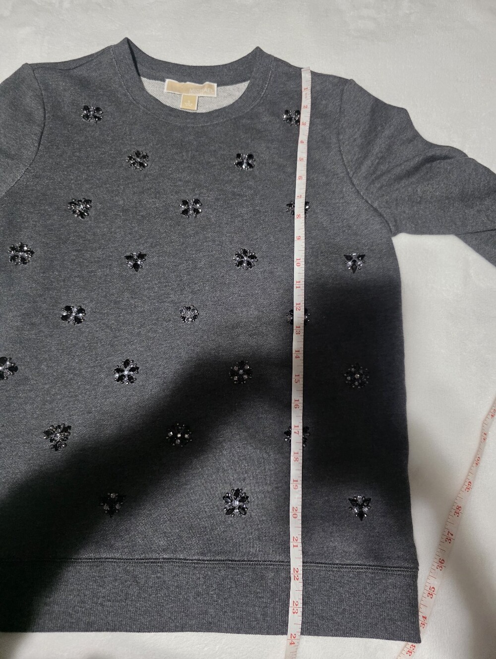 Michael Kors Gray Embellished Rhinestone Floral Crewneck Sweater Size S - Picture 8 of 9